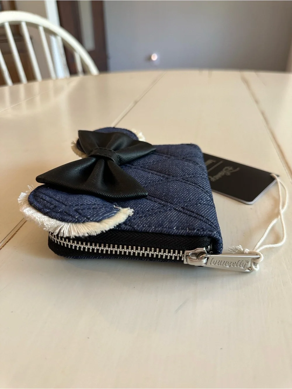 Loungefly Denim Quilted Minnie Wallet with Black Bow